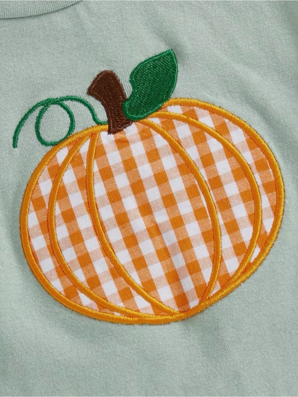 ๐ Pumpkin Applique Shorts Set in Sage Green & Orange Gingham NWT - Picture 4 of 6